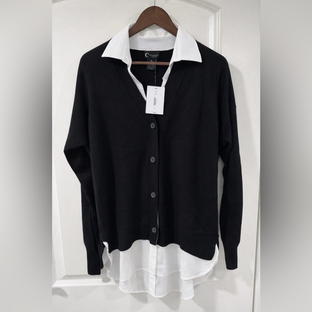 C by Bloomingdale’s Cashmere Layered Shirt Cardigan XL Black White NWT - Picture 3 of 11
